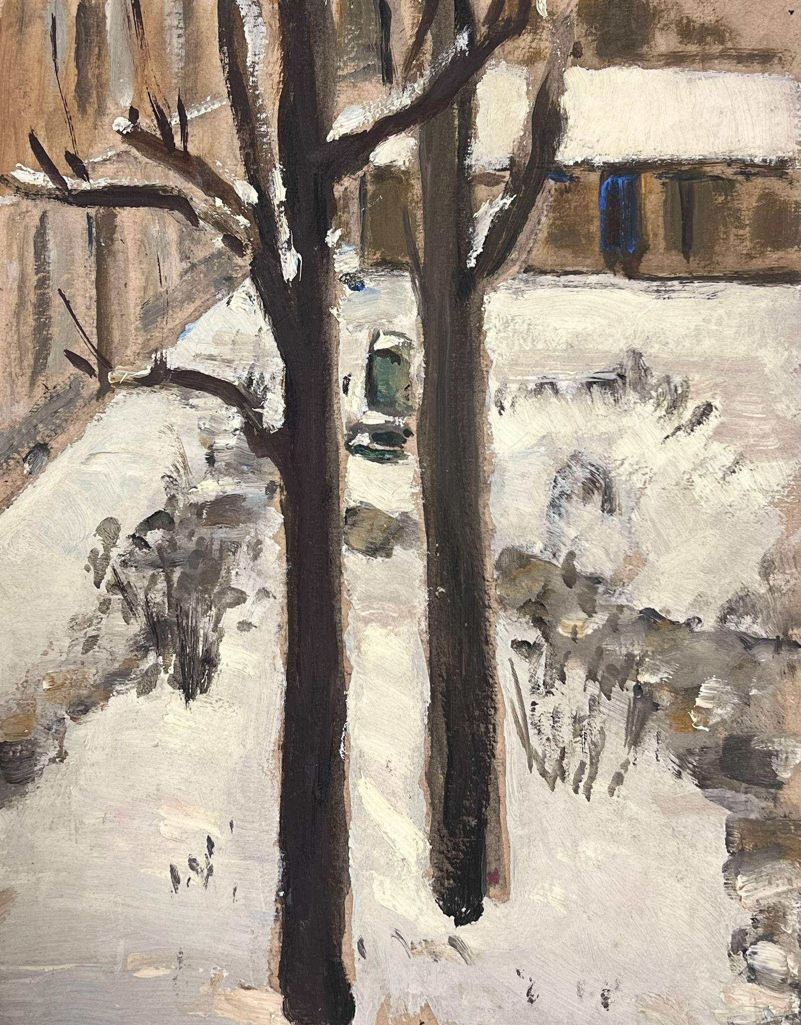 1930's French Impressionist Tall Bare Brown Trees In Snowy Landscape For Sale 1