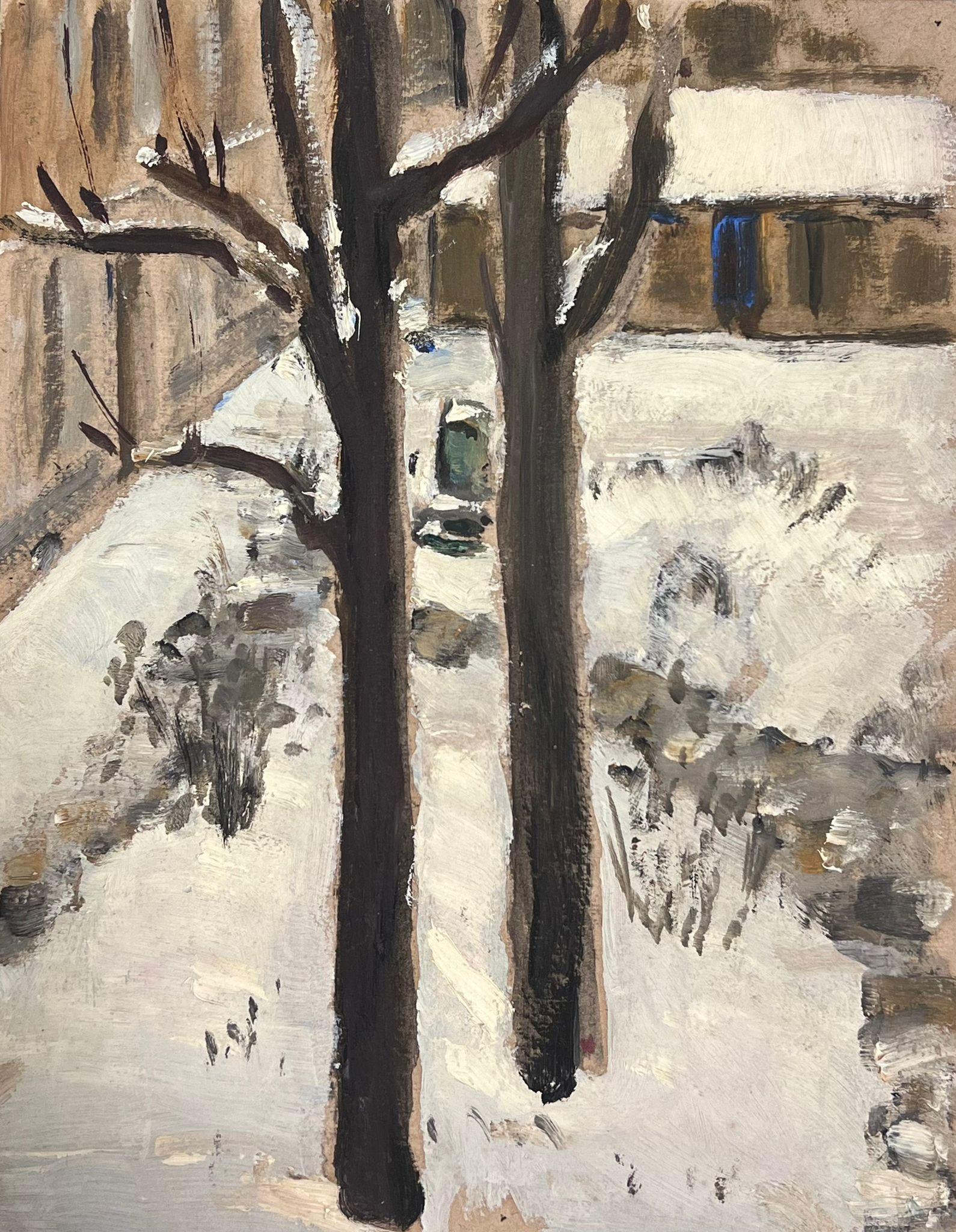 1930's French Impressionist Tall Bare Brown Trees In Snowy Landscape