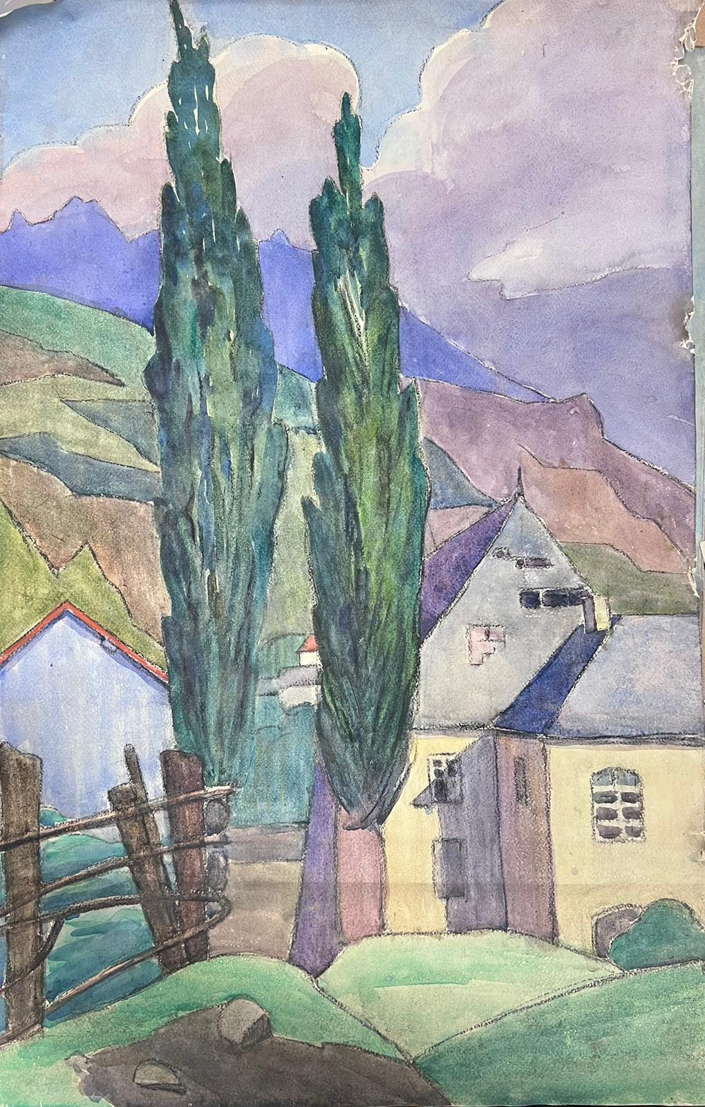 1930's French Impressionist Tall Green Cyprus Trees Purple Mountain Landscape – Art von Louise Alix