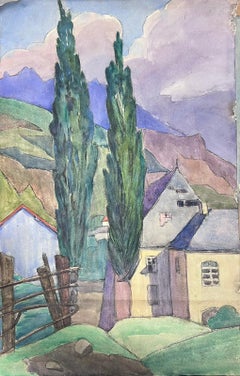 1930's French Impressionist Tall Green Cypress Trees Purple Mountain Landscape