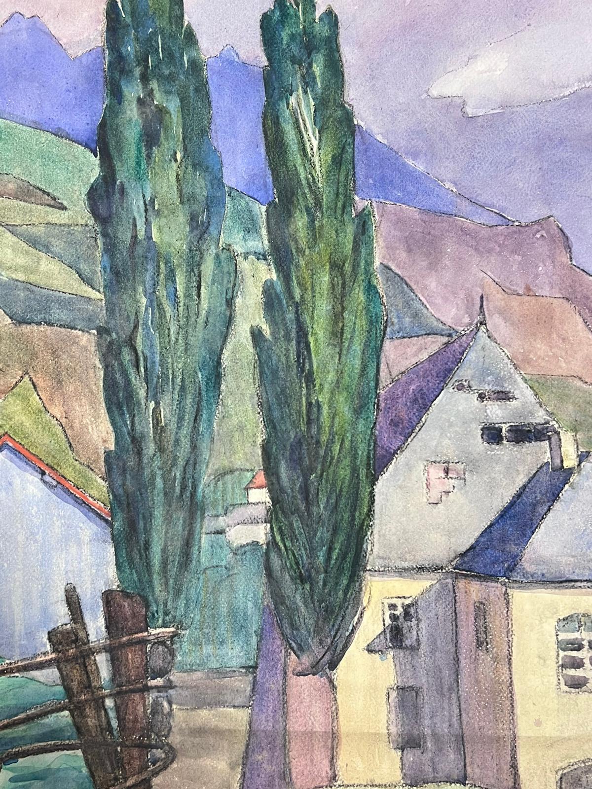 1930's French Impressionist Tall Green Cyprus Trees Purple Mountain Landscape im Angebot 2