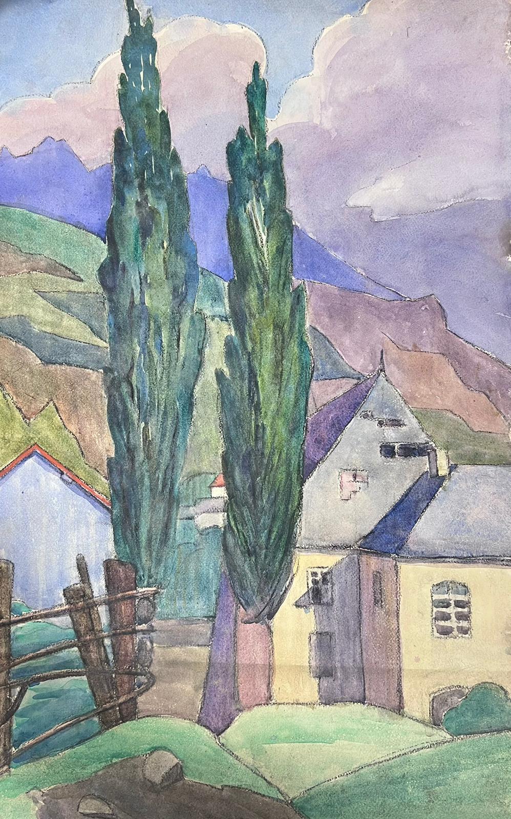 1930's French Impressionist Tall Green Cyprus Trees Purple Mountain Landscape