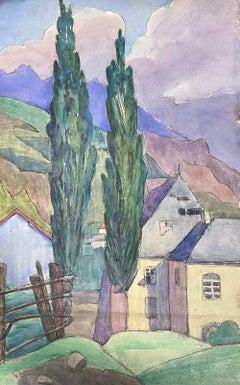 Used 1930's French Impressionist Tall Green Cyprus Trees Purple Mountain Landscape