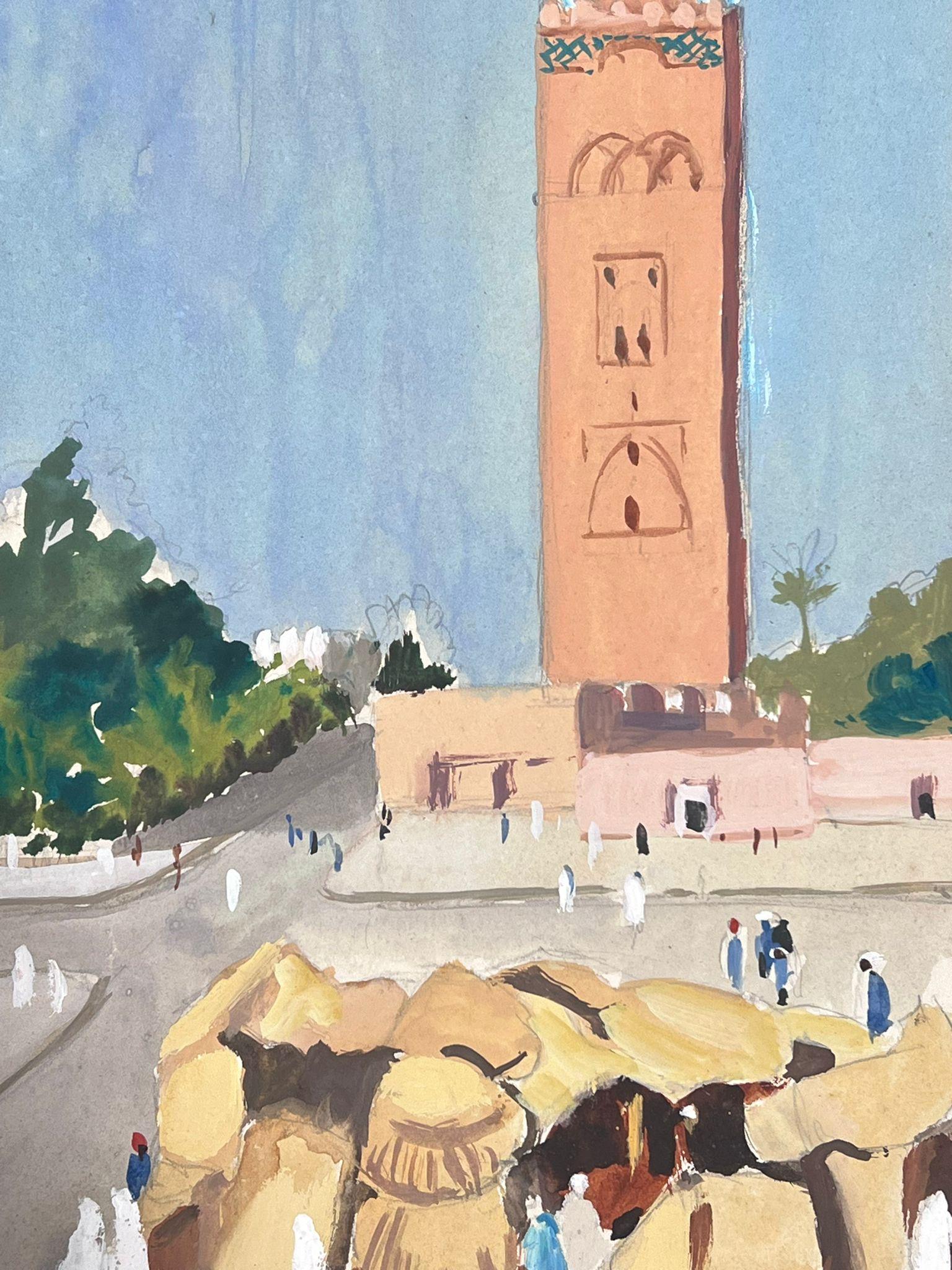 1930's French Impressionist Tall Orange Bell Tower In Busy Figure Town  - Painting by Louise Alix