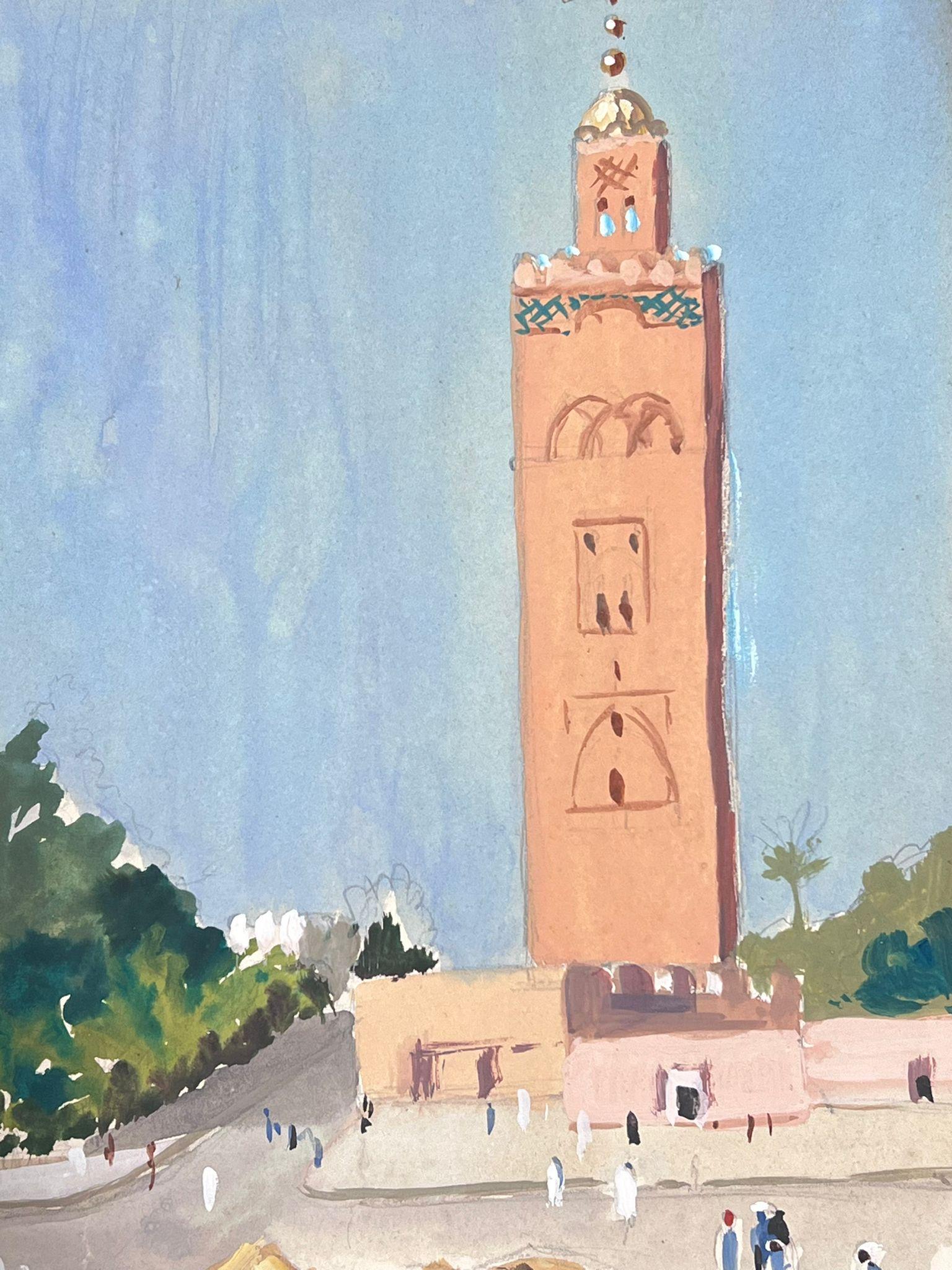 Grande tour à cloches orange impressionniste française des années 1930 dans une ville animée  - Impressionnisme Painting par Louise Alix