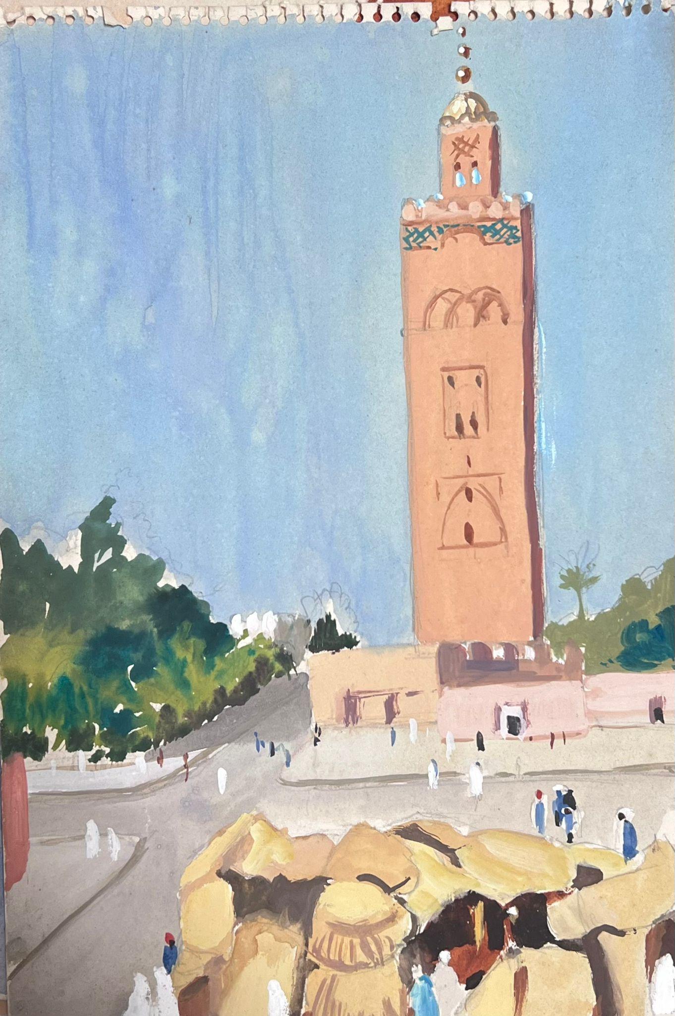 1930's French Impressionist Tall Orange Bell Tower In Busy Figure Town  For Sale 1