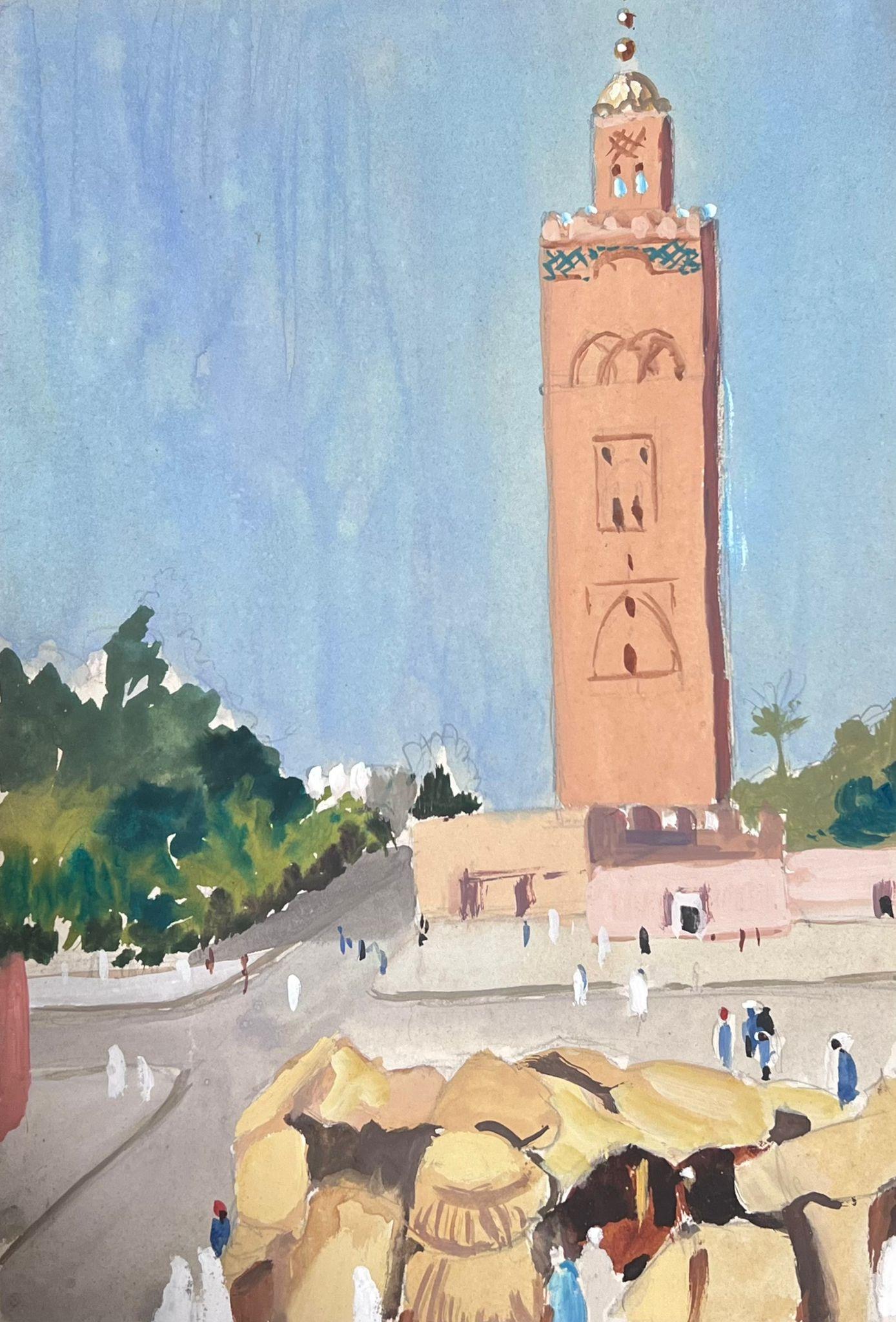 Louise Alix Figurative Painting - 1930's French Impressionist Tall Orange Bell Tower In Busy Figure Town 
