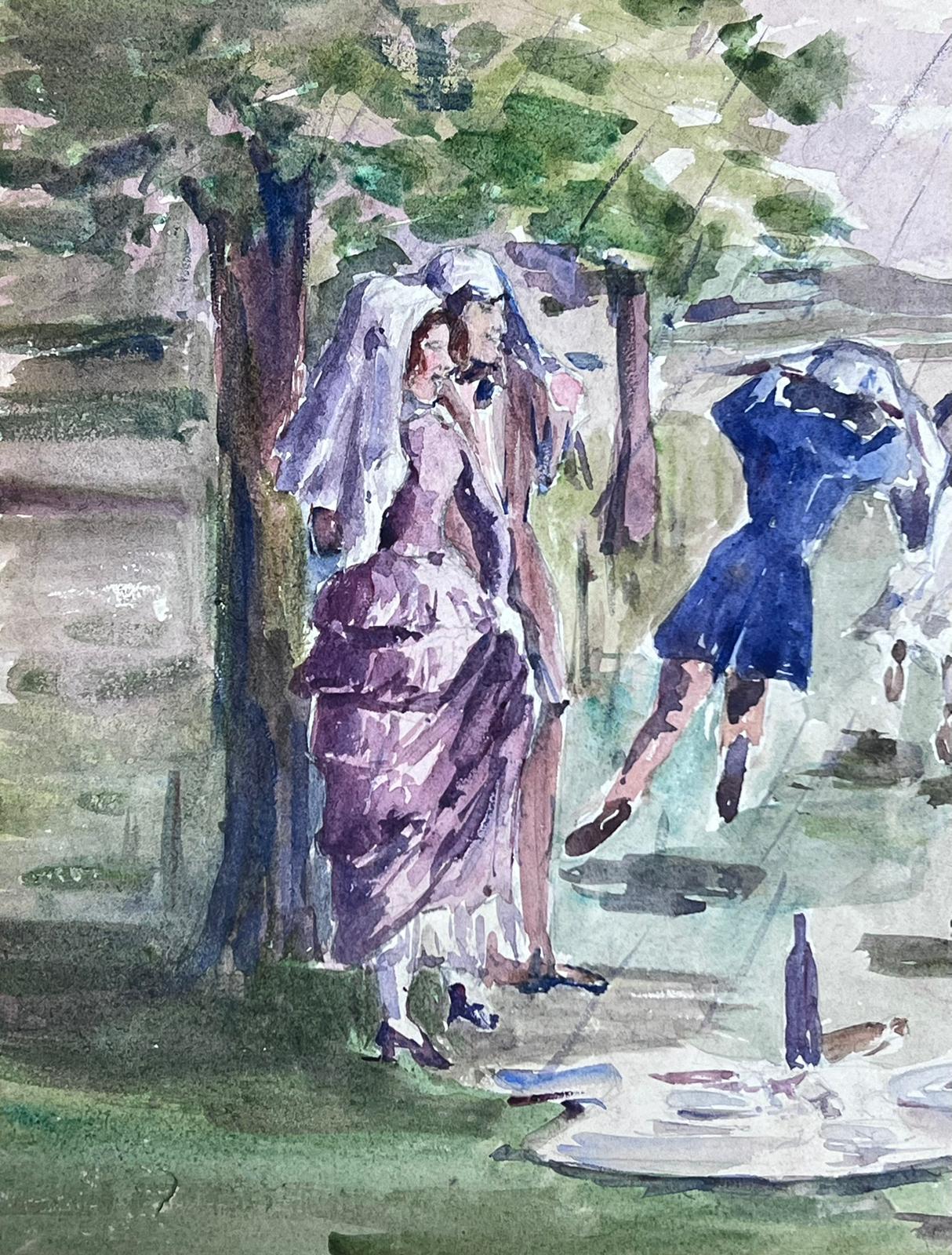 Französischer Impressionist des 1930er Jahre, The Rain In A Summers Day Picnic, Picnic (Grau), Landscape Painting, von Louise Alix