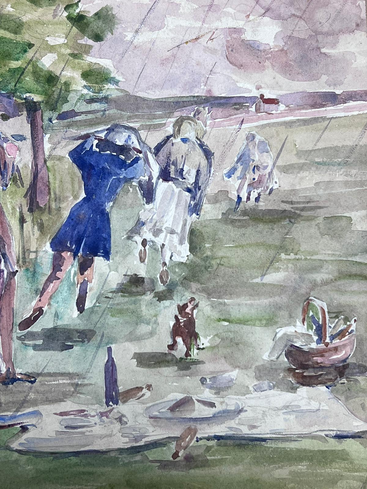 Louise Alix Landscape Painting - 1930's French Impressionist The Rain In A Summers Day Picnic 