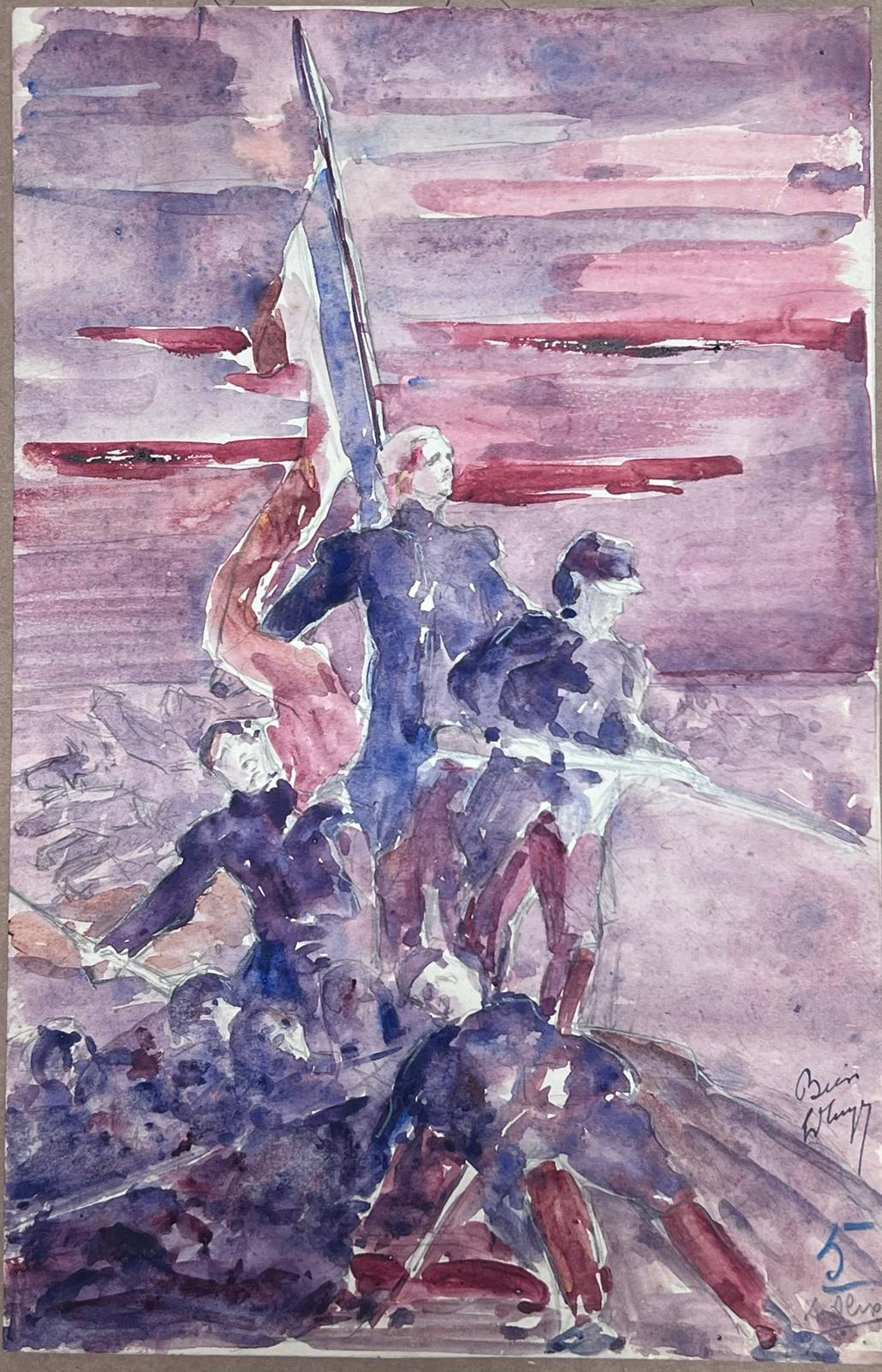 1930's Französisch Impressionist Drei Männer Segeln in der lila Himmel Aquarell  – Painting von Louise Alix