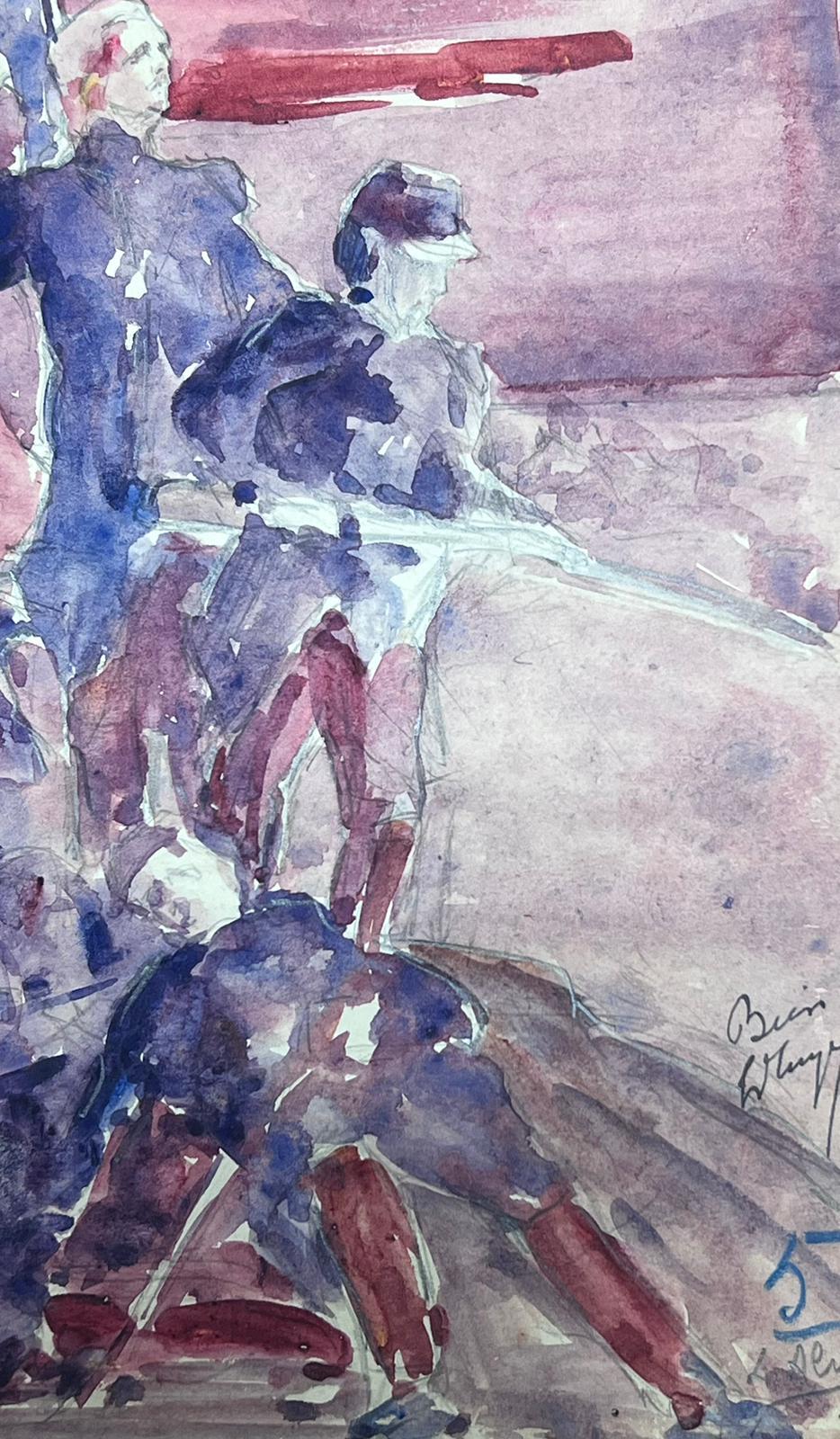 Aquarelle impressionniste française des années 1930 représentant trois hommes naviguant dans un ciel violet - Impressionnisme Painting par Louise Alix