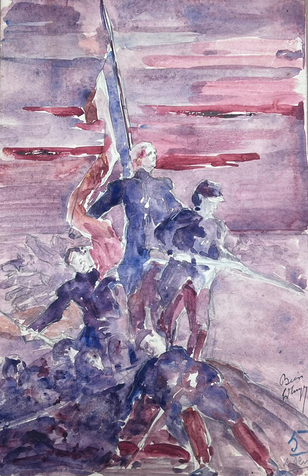 Louise Alix Landscape Painting – 1930's Französisch Impressionist Drei Männer Segeln in der lila Himmel Aquarell 