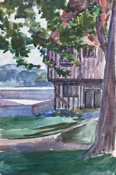 Maison impressionniste française à ossature bois des années 1930 dans un paysage de campagne en été