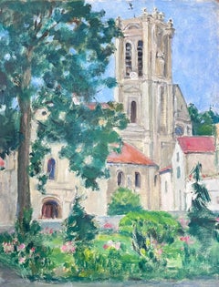 1930's French Impressionist Village Church Landscape