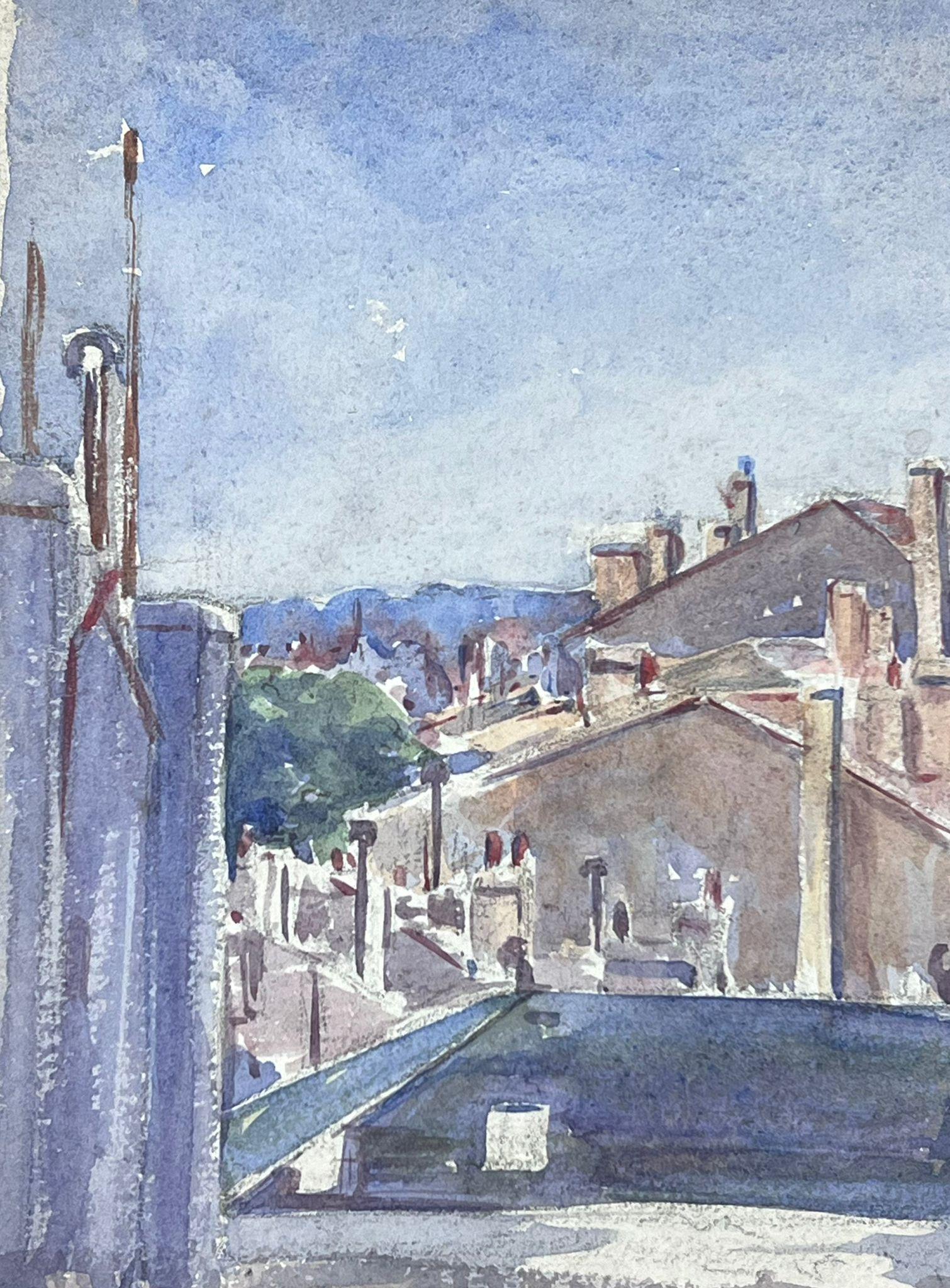 1930's French Impressionist Village Roof Tops Aquarell Landschaft – Painting von Louise Alix