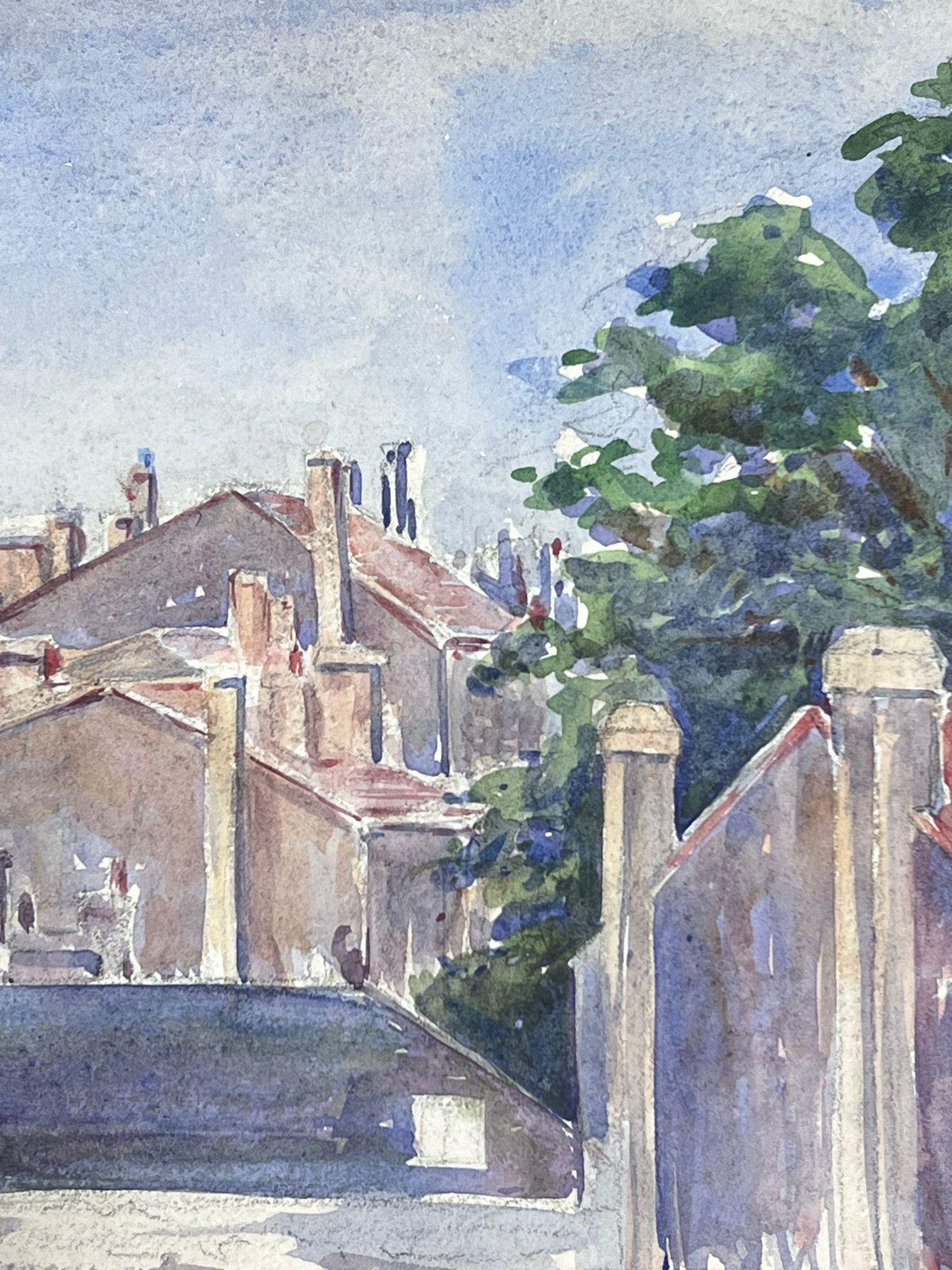 Village Roof Tops
by Louise Alix, French 1950's Impressionist 
watercolour on artist paper, unframed
painting: 7 x 8.75 inches
provenance: from a large private collection of this artists work in Northern France
condition: original, good and sound