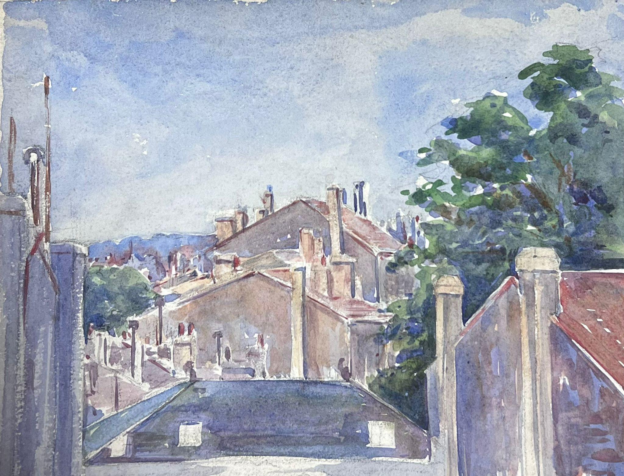 Louise Alix Landscape Painting - 1930's French Impressionist Village Roof Tops Watercolour Landscape