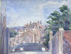 Paysage de village impressionniste français des années 1930, aquarelle