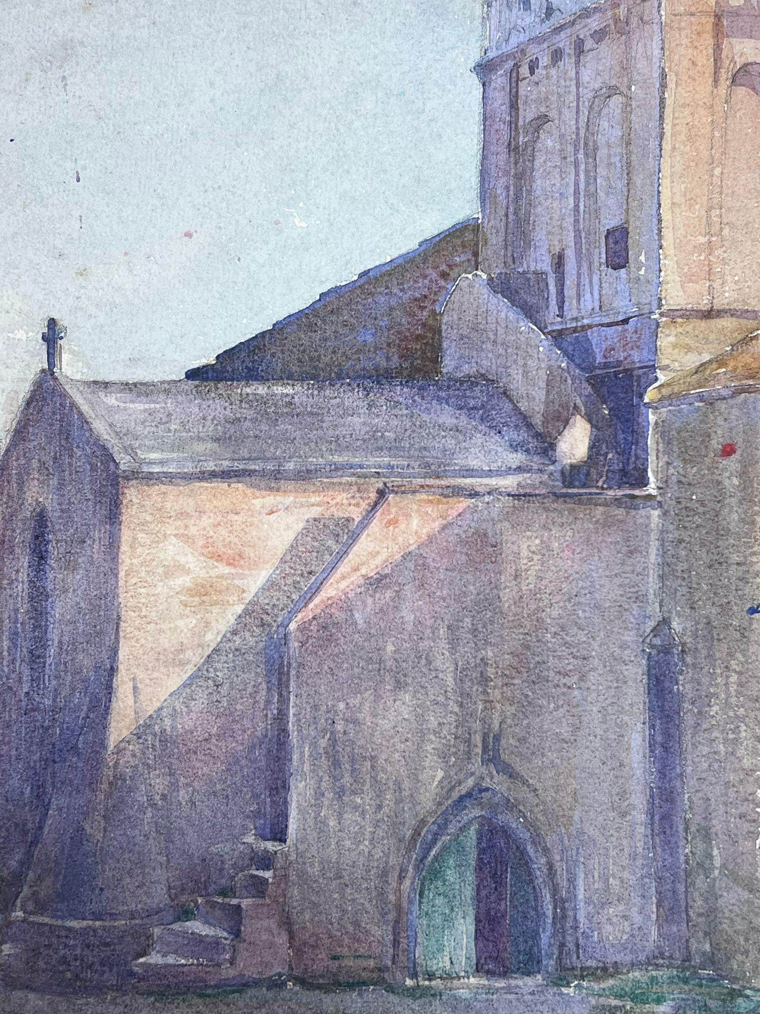1930's French Impressionist Watercolour Back Entrance Of Church Landscape - Painting by Louise Alix
