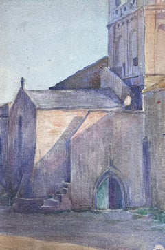 Aquarelle d'arrière d'une entrée d'église impressionniste française des années 1930
