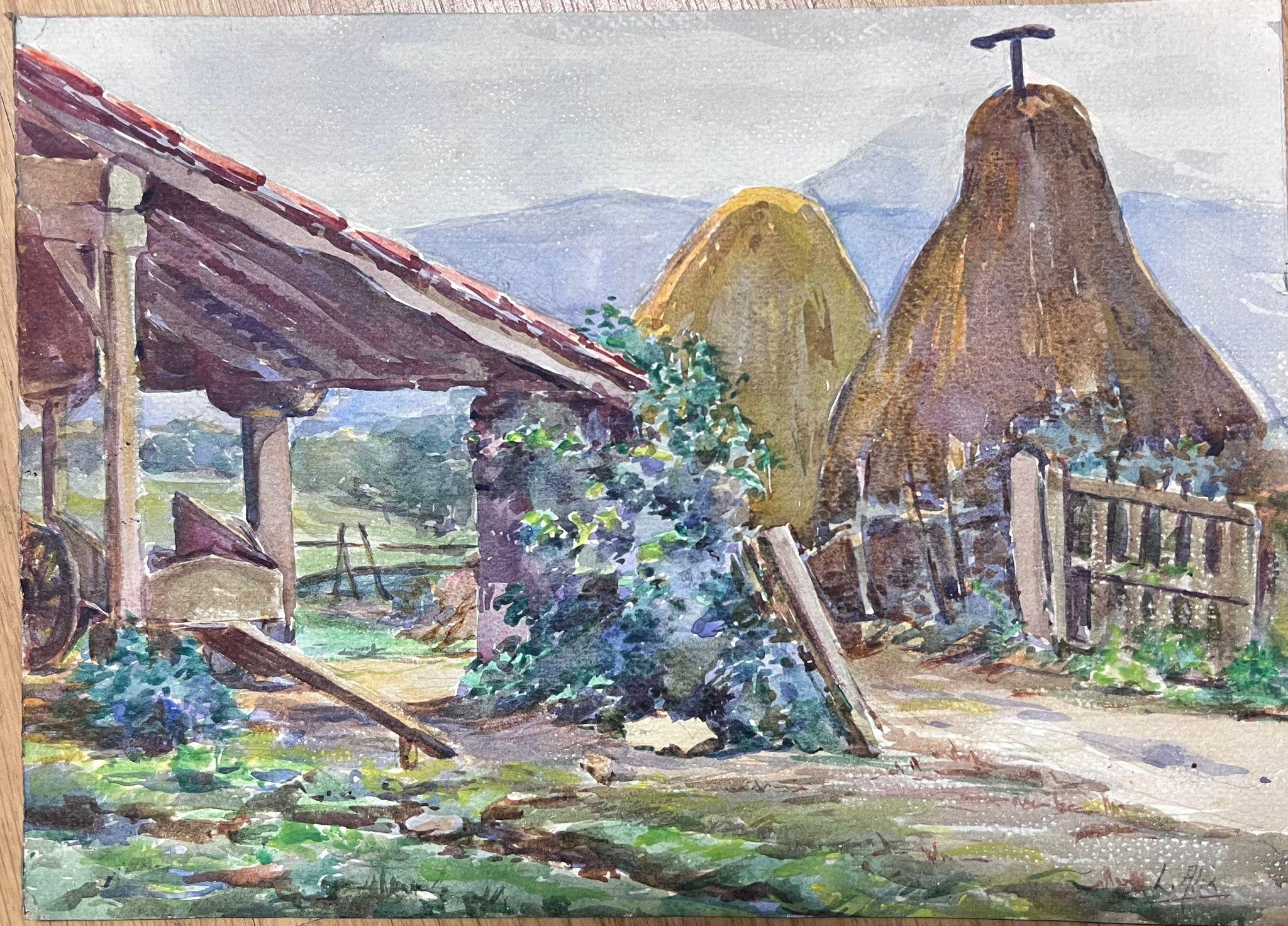 1930's French Impressionist Watercolour Back Yard Of The Farm Landscape - Painting by Louise Alix