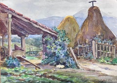 1930er Jahre Französisch Impressionist Aquarell Back Yard des Bauernhofs Landschaft