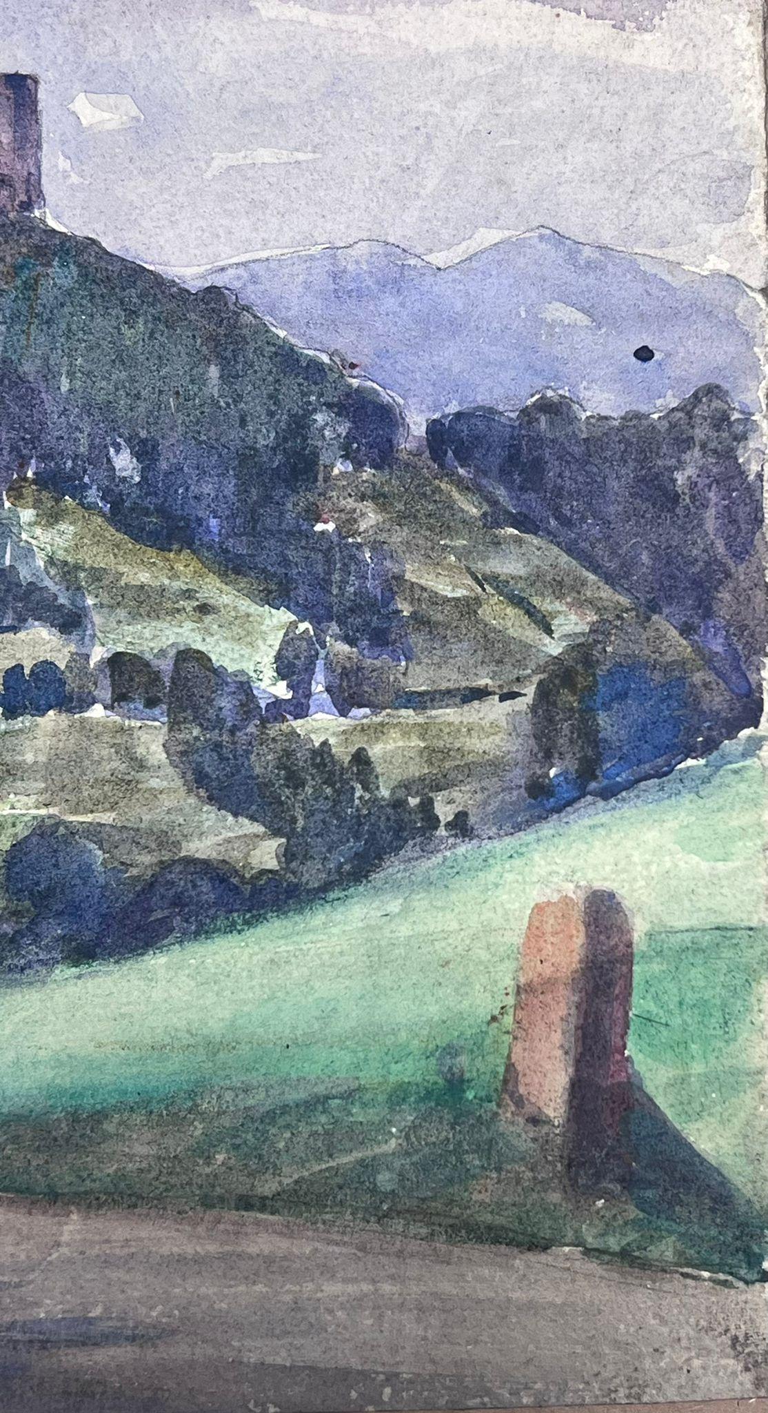 1930's French Impressionist Watercolour Castle On Top Of The Green Mountains - Painting by Louise Alix