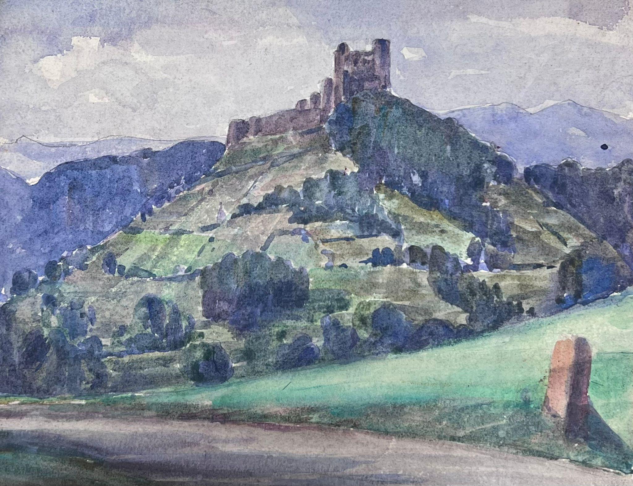 Louise Alix Landscape Painting - 1930's French Impressionist Watercolour Castle On Top Of The Green Mountains