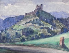 Vintage 1930's French Impressionist Watercolour Castle On Top Of The Green Mountains