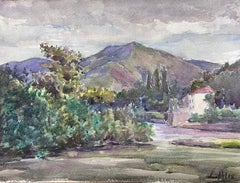 1930's French Impressionist Watercolour Chateau In Cyprus Tree Landscape