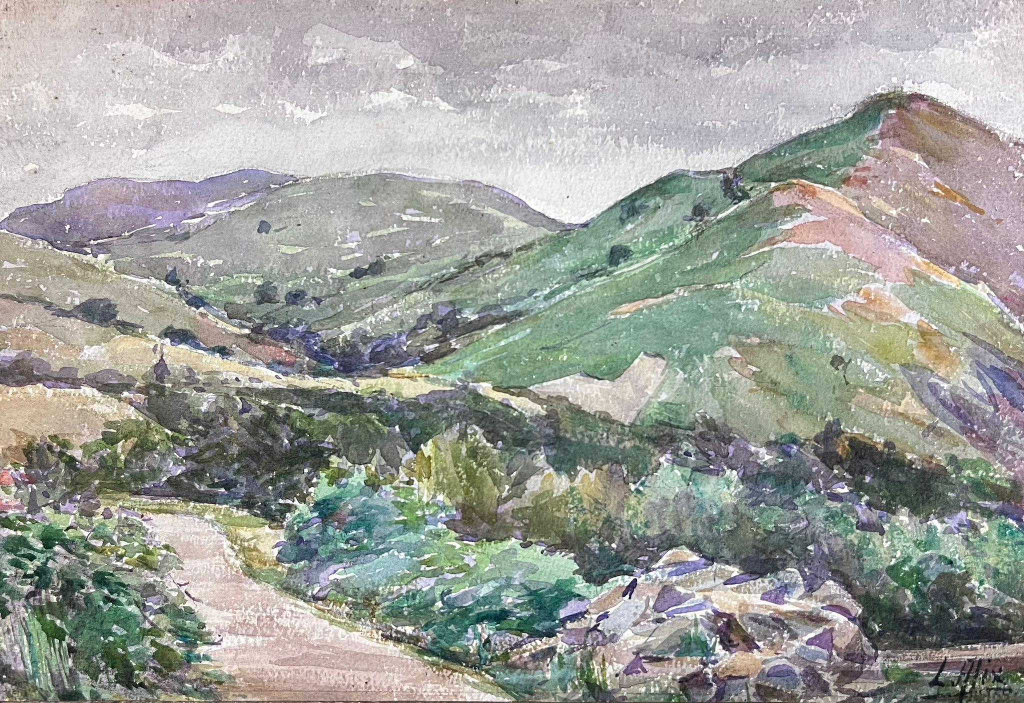1930's French Impressionist Watercolour Green Mountain Path Landscape - Painting by Louise Alix