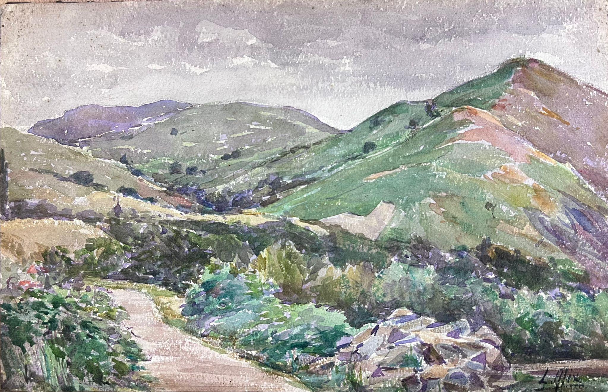 Louise Alix Landscape Painting - 1930's French Impressionist Watercolour Green Mountain Path Landscape