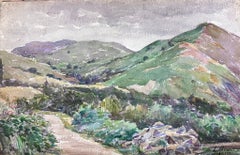 Vintage 1930's French Impressionist Watercolour Green Mountain Path Landscape