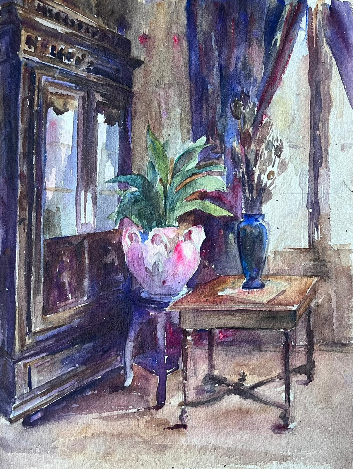 Louise Alix Still-Life Painting - 1930's French Impressionist Watercolour Interior Scene Dressing Room