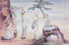 1930's French Impressionist Watercolour Ladies Collecting Fresh Rock Water