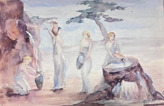 1930's French Impressionist Watercolour Ladies Collecting Fresh Rock Water
