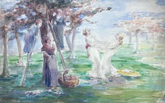 1930
s French Impressionist Watercolour Ladies Dancing In Orchard