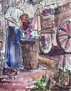 1930's French Impressionist Watercolour Mother & Child Collecting Fruit