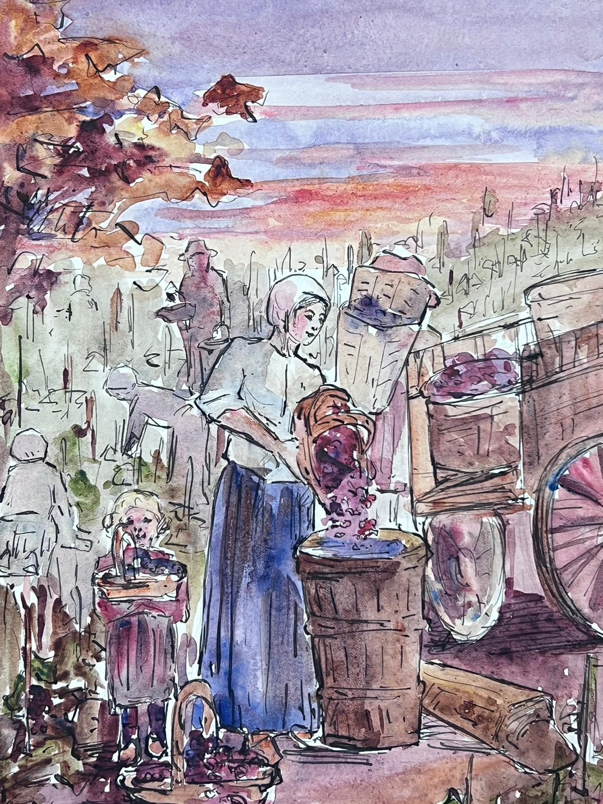 Französisches impressionistisches Aquarell, Mutter und Kind mit Obstsammler, Französisch, 1930er Jahre (Impressionismus), Painting, von Louise Alix