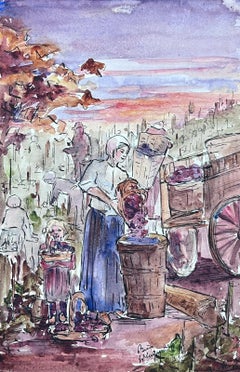 1930
s French Impressionist Watercolour Mother 
Child Collecting Fruit