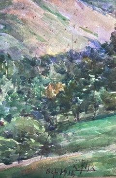1930's French Impressionist Watercolour Mountain Landscape Bridge Over River