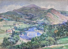 1930's French Impressionist Watercolour Mountain Landscape Bridge Over River