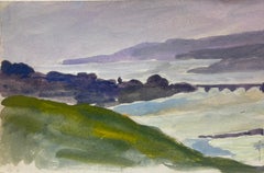 1930s French Impressionist Watercolour Purple and Green Coastal Landscape