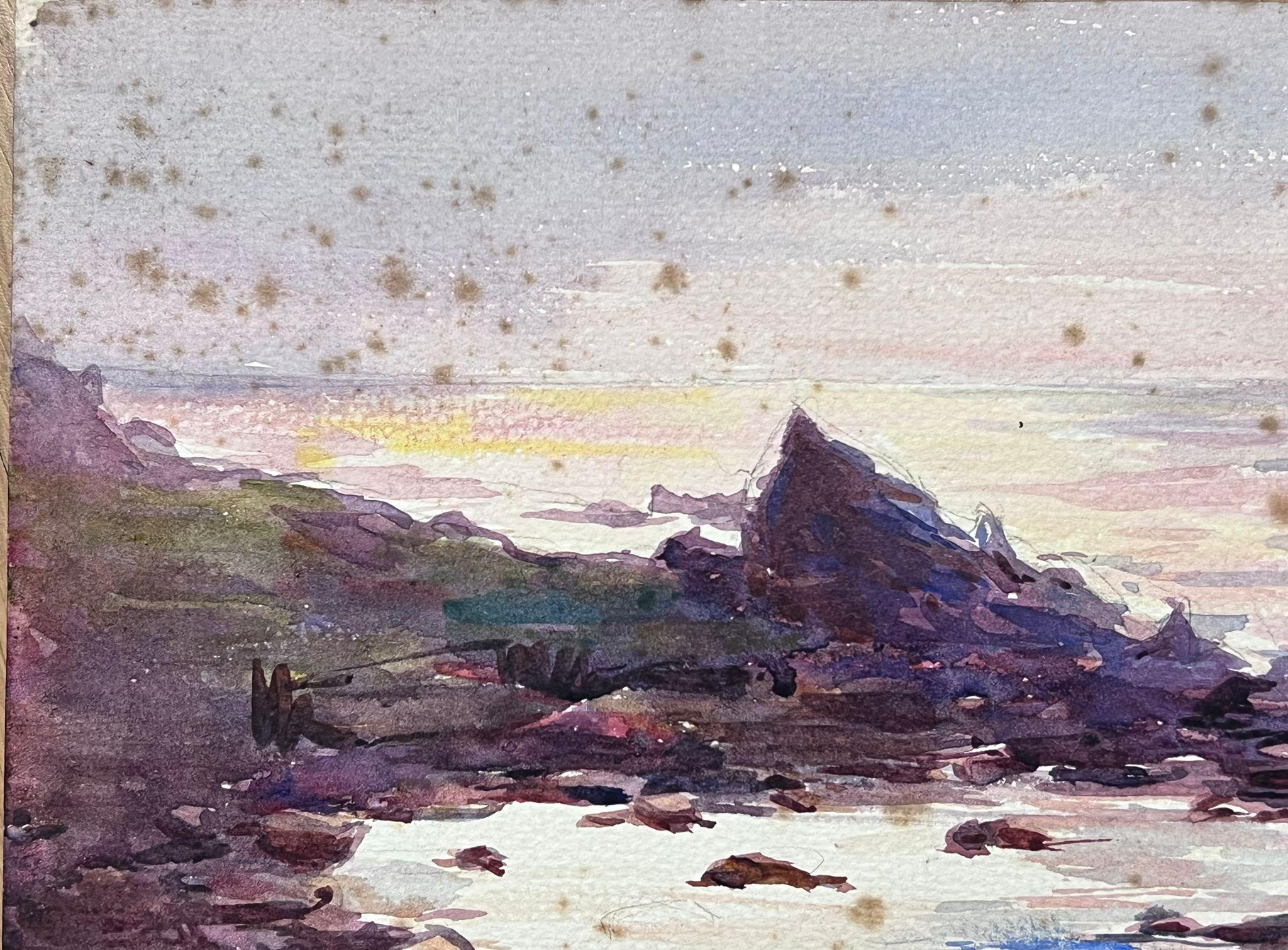 1930's French Impressionist Watercolour Purple Rocks Beach Coast Landscape - Painting by Louise Alix
