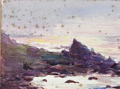 1930's French Impressionist Watercolour Purple Rocks Beach Coast Landscape