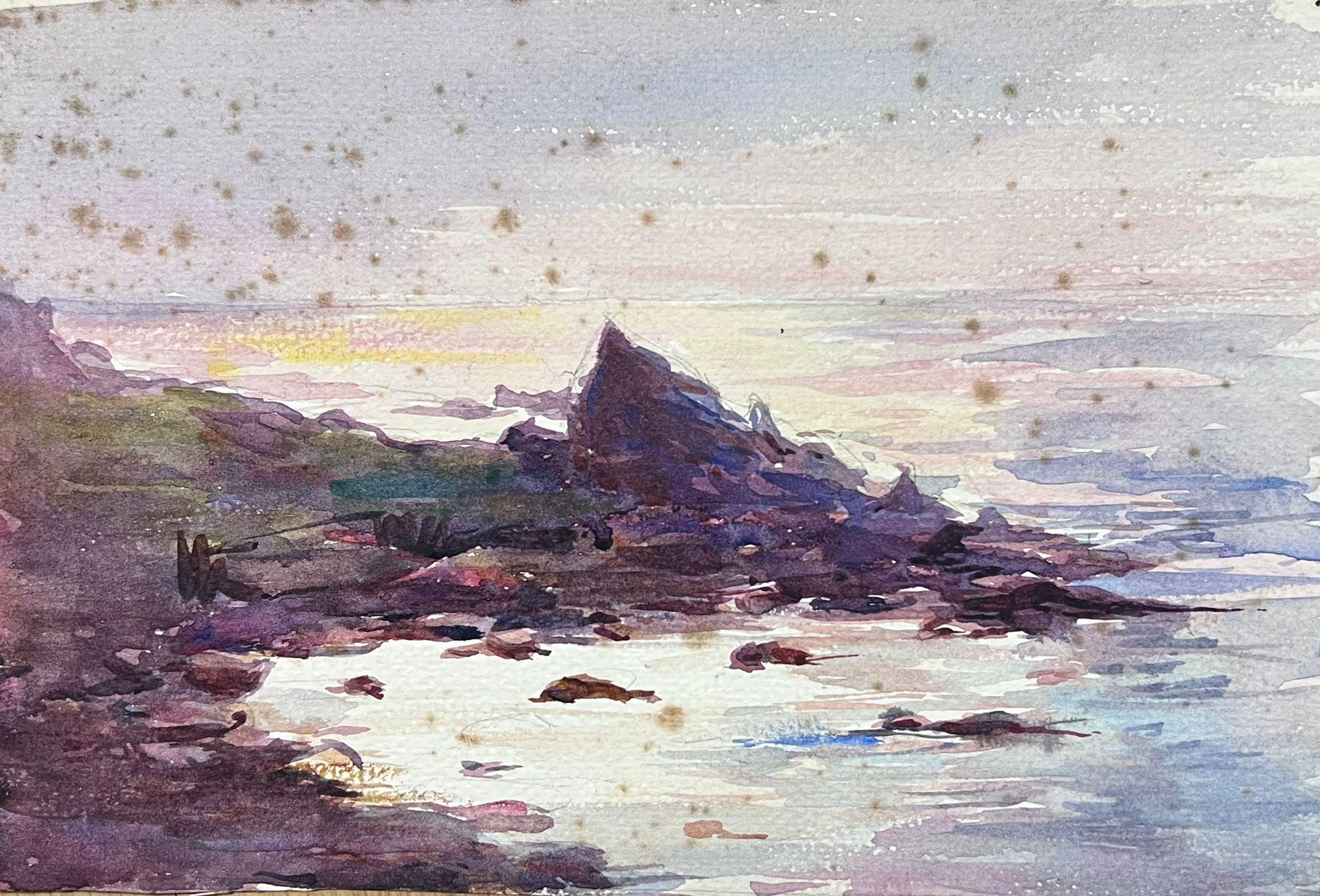 Louise Alix Landscape Painting - 1930's French Impressionist Watercolour Purple Rocks Beach Coast Landscape