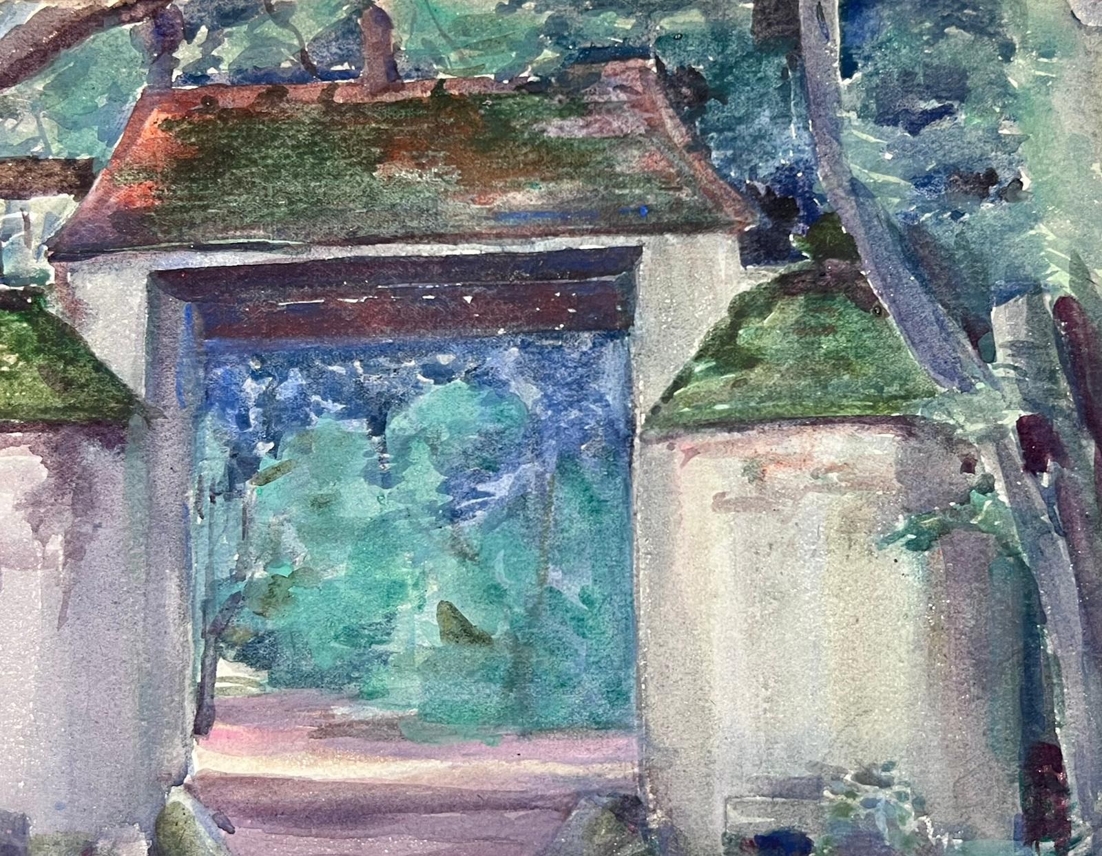 1930's French Impressionist Watercolour Stone Pillar Archway Landscape - Painting by Louise Alix
