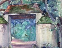 1930's French Impressionist Watercolour Stone Pillar Archway Landscape