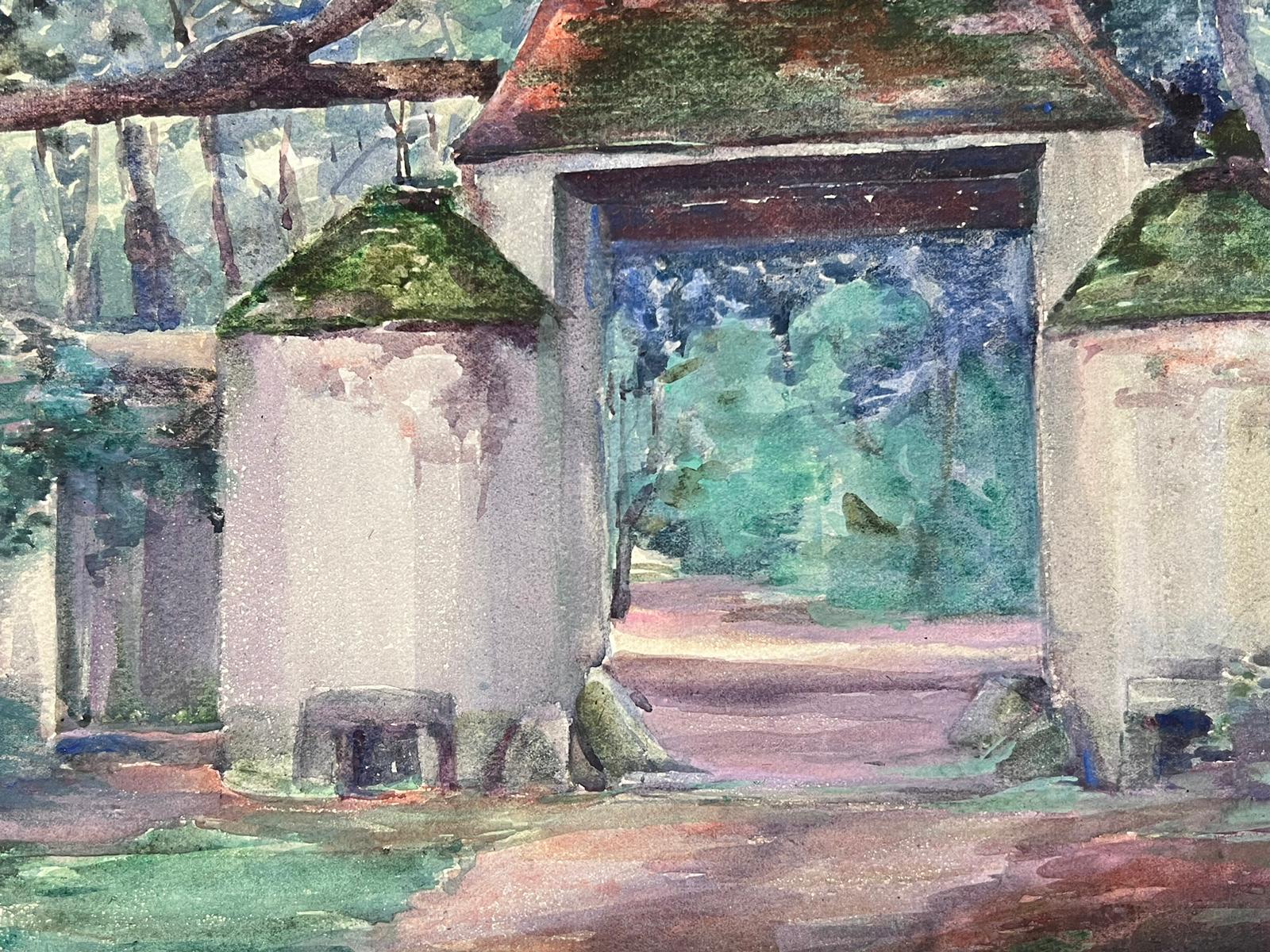 1930's French Impressionist Watercolour Stone Pillar Archway Landscape For Sale 1