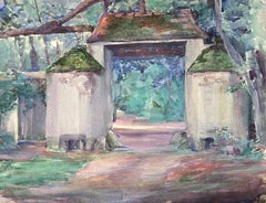 Vintage 1930's French Impressionist Watercolour Stone Pillar Archway Landscape